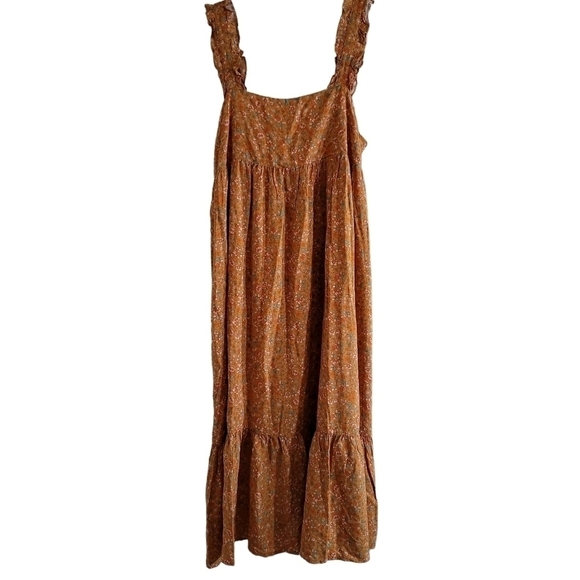 NWT Orange Floral Peasant Dress Large Ruffle Strap Tie Back Tiered Mittoshop - Picture 1 of 8